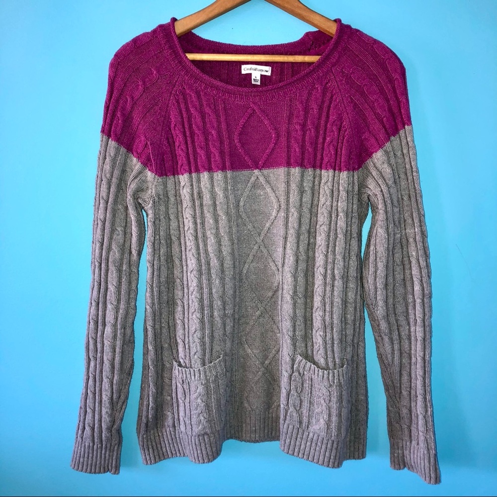 Gray Purple Colorblock Cable Sweater Crewneck